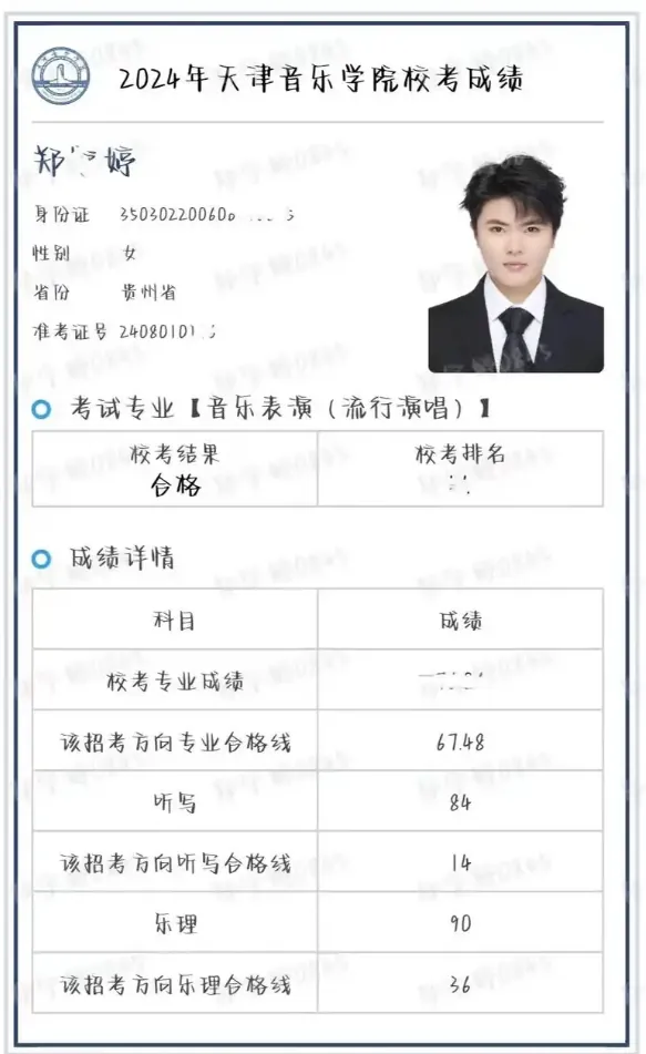 学生天津音乐学院合格证