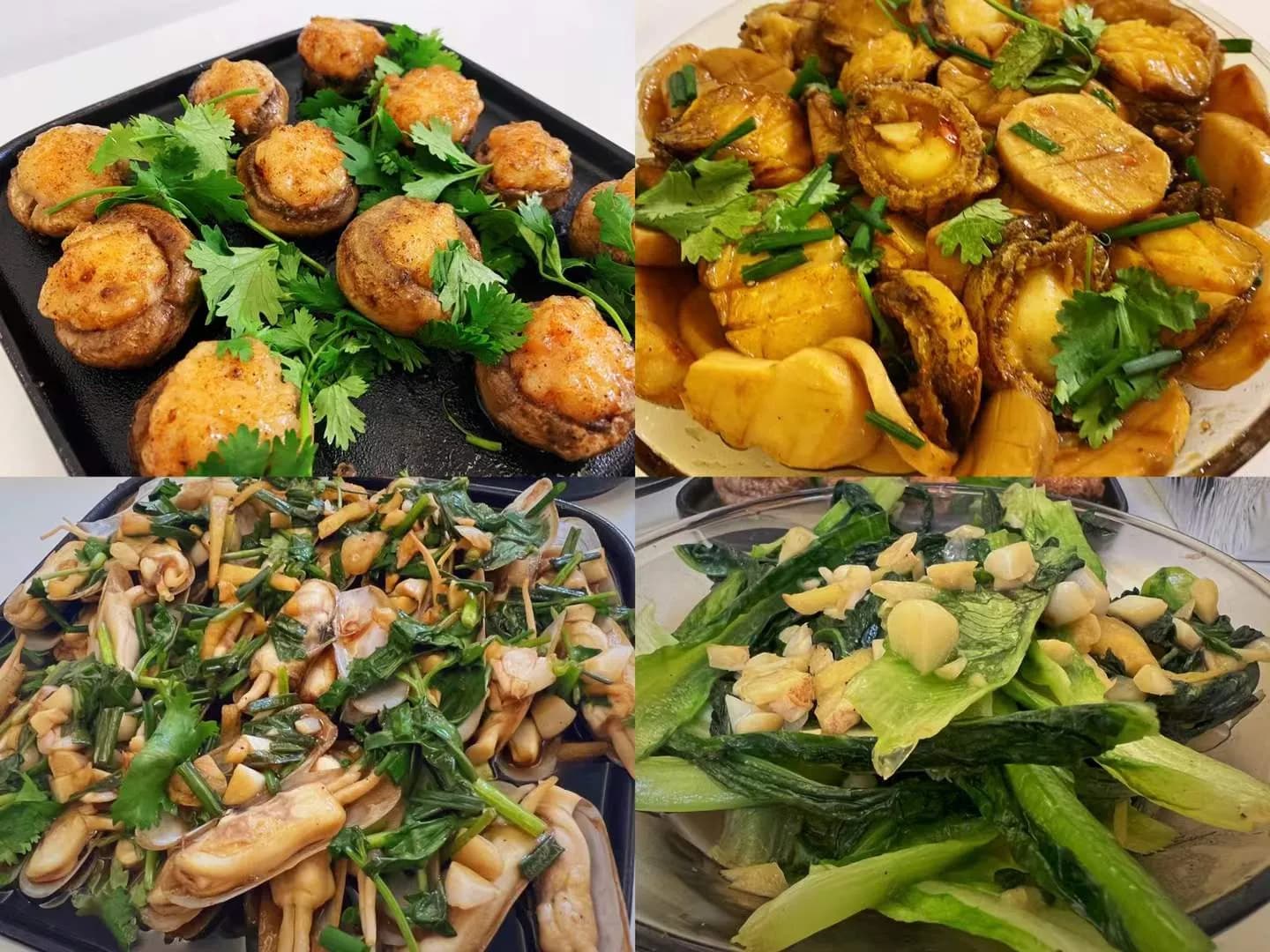 烹饪:香菇酿肉 土豆烧鲍鱼 杂菇炒蛏子 蒜蓉油麦菜