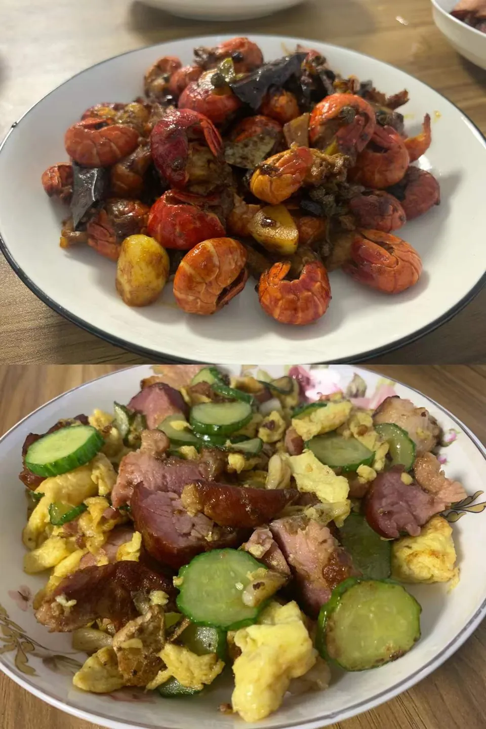 烹饪:麻辣虾尾 黄瓜鸡蛋炒腊肉